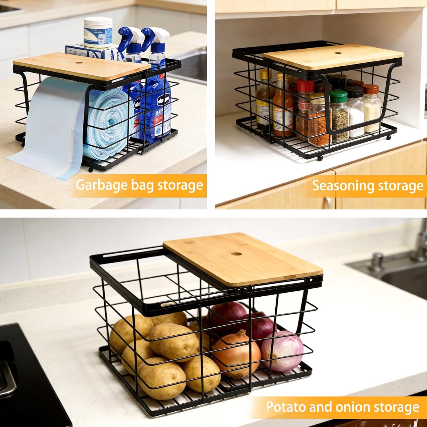 MSJGA Trash Bag Dispenser Holder, 2-in-1 Metal Under Sink Storage Organizer with Bamboo Lid, Designed for Holding Large Rolls, Garbage Bags Storage Container for Kitchen, Pantry, Laundry Room