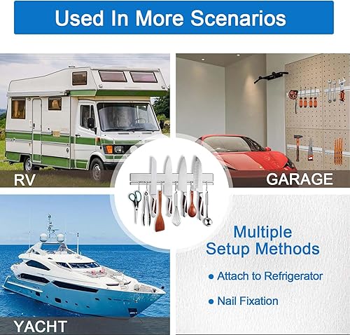 Miniatura 8 de HomeSimplex Soporte magnético de cuchillos de 12 pulgadas para refrigerador con 6 ganchos, tira magnética de doble cara para refrigerador - Estante