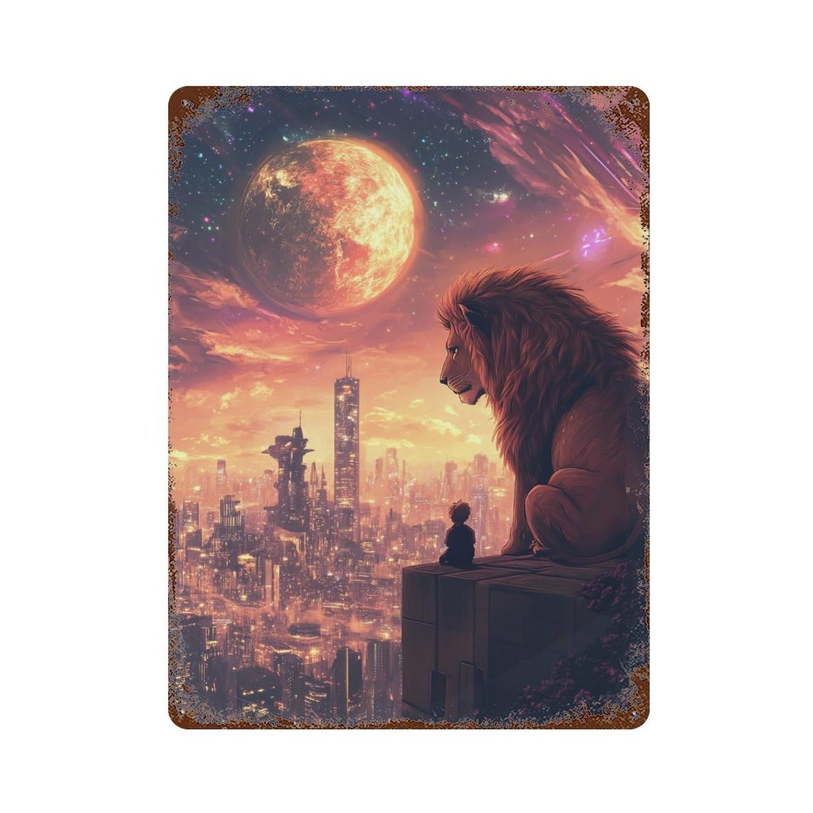 Fantasy Cityscape with Lion And Child Weathered Tin Sign 15.7"x11.8", Ideal for Patio, Garden Room And Bar Decor