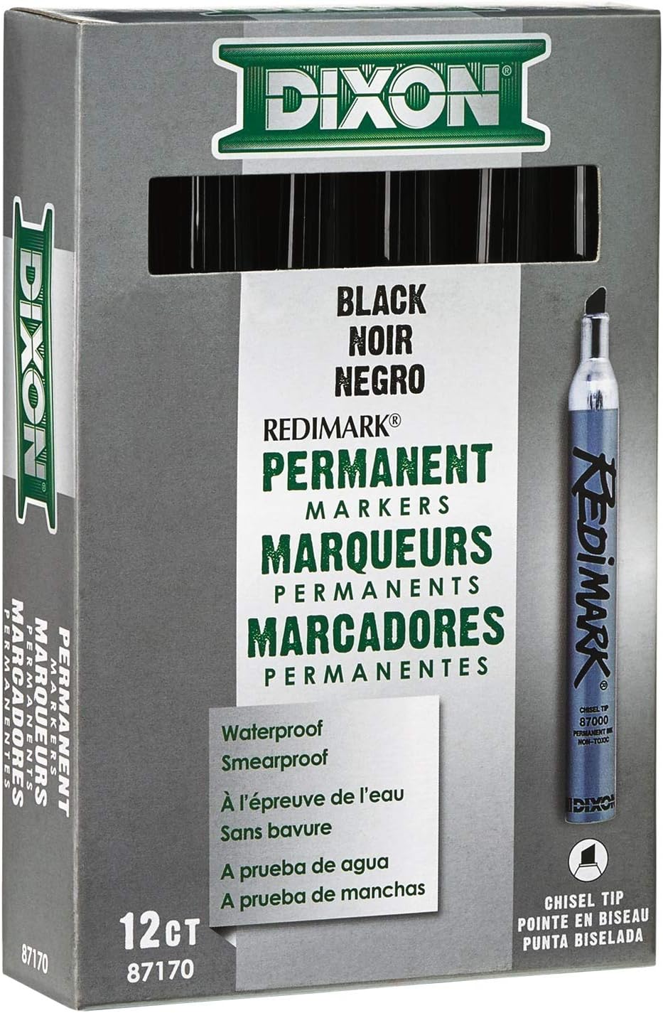 Dixon Industrial RediMark Permanent Markers, Chisel Point, Metal Barrel, Box of 12 Markers, Black (87170)