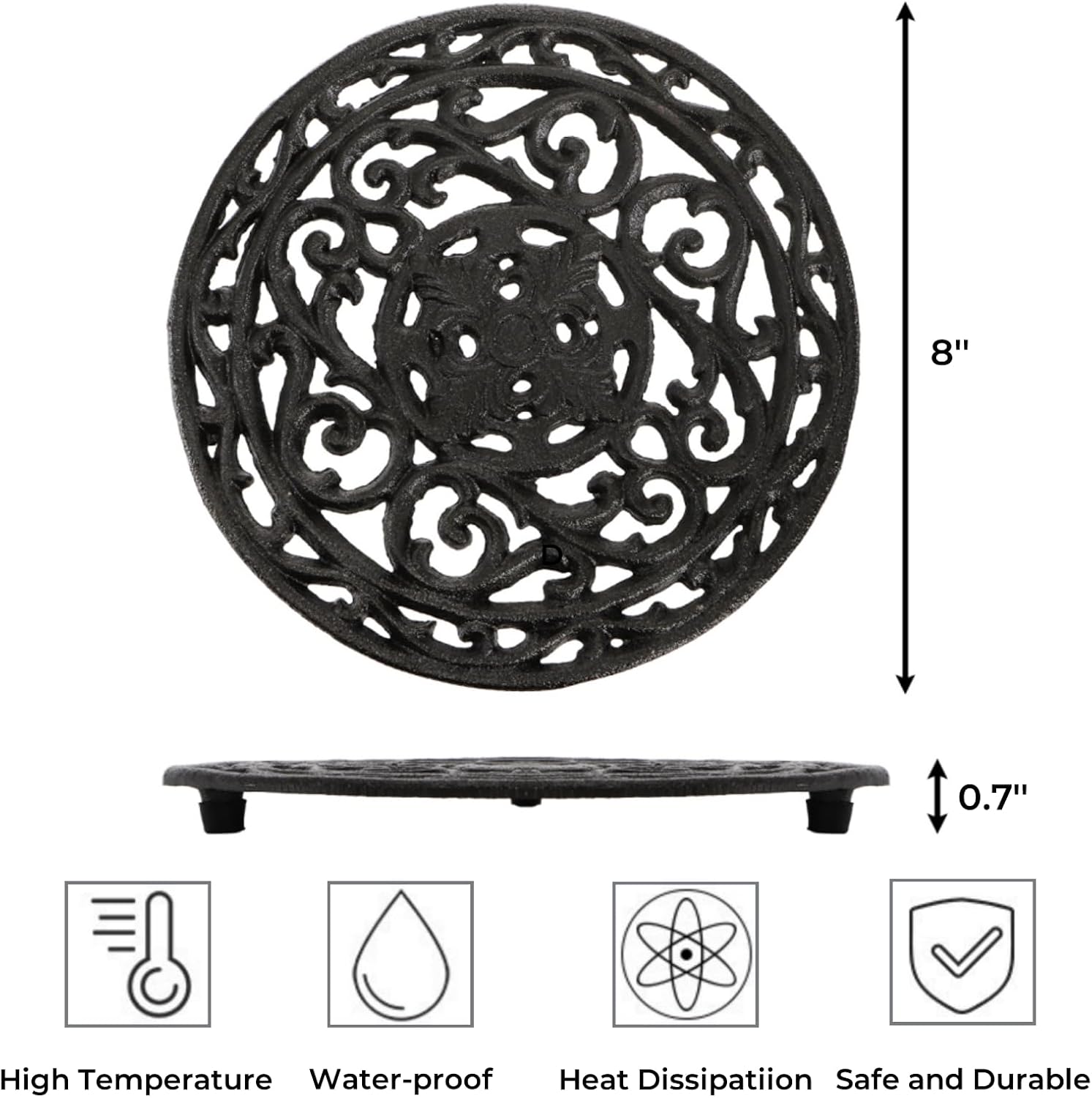 2 Pack Cast Iron Trivet, 8 Inch Round