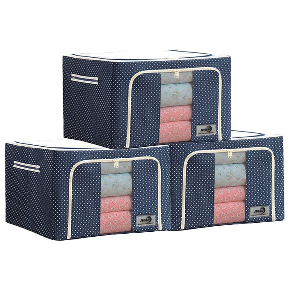 Clothes Storage Bag 100L Large Capacity Organizer with Reinforced Handle Thick Fabric for Comforters, Blankets, Bedding, Foldable with Sturdy Zipper, Clear Window, 3 Fixed Folding Steel Frames (3 Pack)