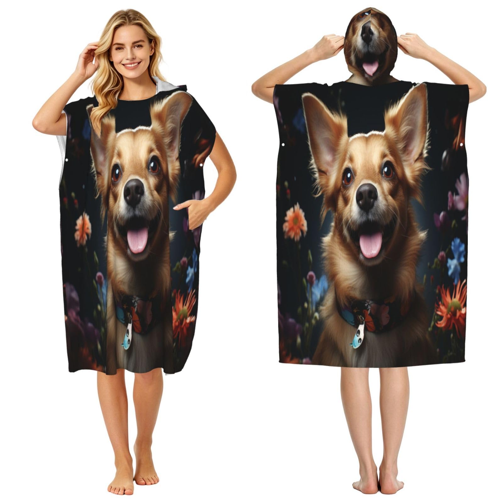 DTHKJNLSF Flower And Puppy Adult Hooded Beach Poncho Towel