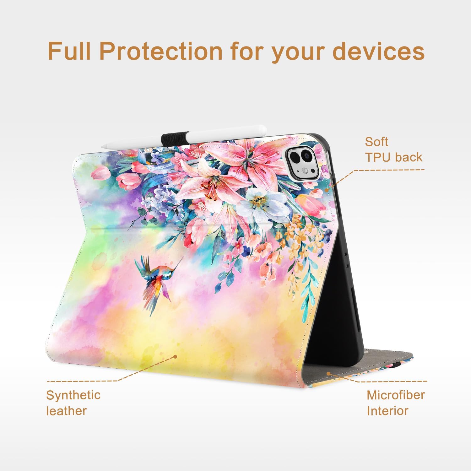 Vimorco for iPad Pro 13 Inch Case M5/M4 2025/2024, Flower for iPad 13 Pro Case M5/M4 for Girls Women, Pu Leather Protective Adjustable Stand, Hand Strap, Pocket, Pencil Holder, Hummingbirds & Flowers