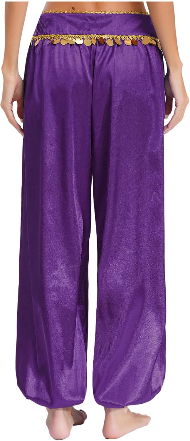 Womens Belly Dance Pants Sequins Loose Arabian Carnival Satin Harem Pants Halloween Party Costume