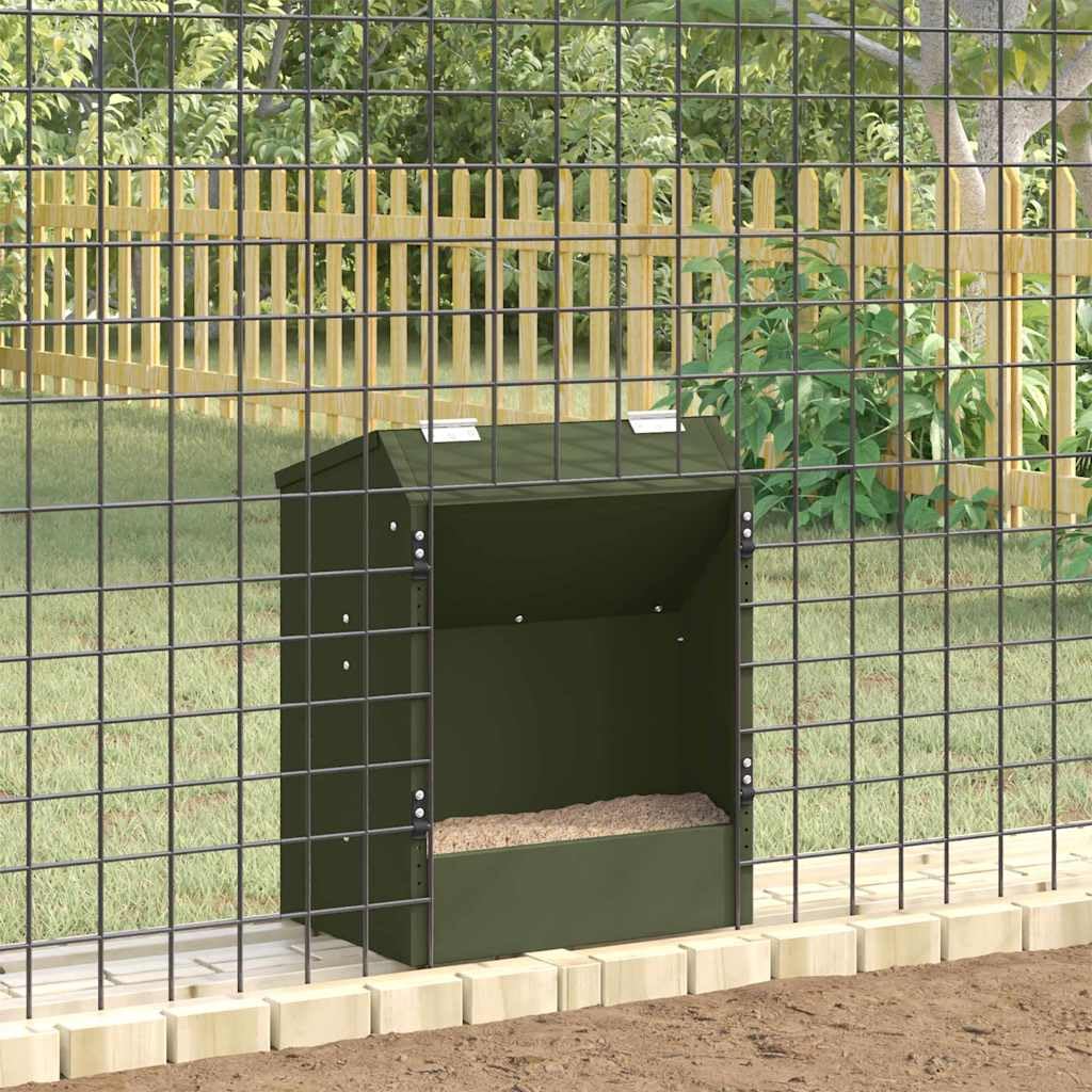 Moderner Kaninchenfutterautomat aus Stahl in Olivgrün – Robuster Kleintierfütterer für drinnen und draußen, 33,5 x 25,5 x 45,5 cm