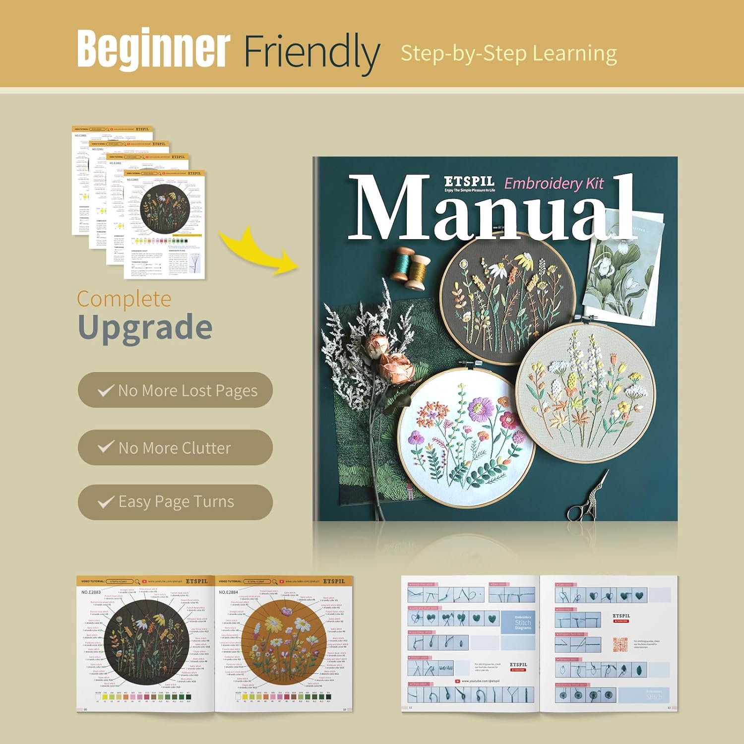 ETSPIL Embroidery Kit for Adults & Teens, 4-Pack Floral Samplers, 2 Adjustable Hoops, Pre-Printed Fabric, 17 Vibrant Threads, 16 Needles, Beginner-Friendly Stitch Guide & Video, DIY Craft Gift - Image 5