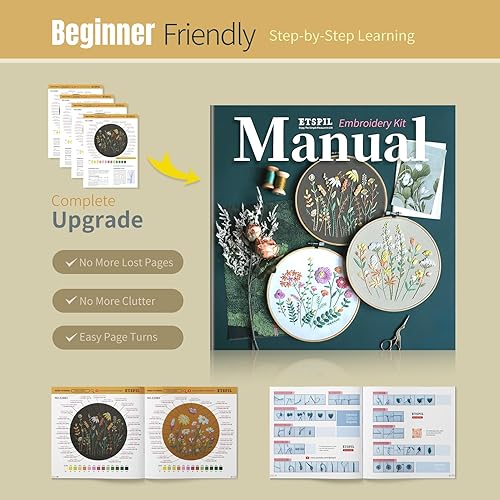 Miniatura 16 de ETSPIL Kit de bordado para principiantes y adultos, paquete de 3 muestras florales de 33 puntadas, diseños presellados, aro de 7.8 pulgadas, hilos