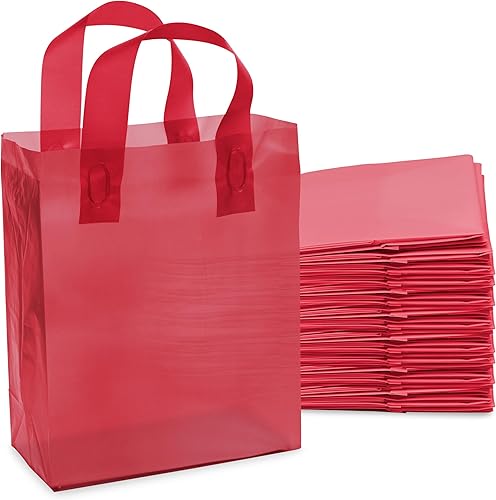 Prime Line Packaging Paquete de 100 bolsas de regalo rojas de 8 x 4 x 10, pequeñas bolsas de compras de plástico esmerilado con asas para pequeñas