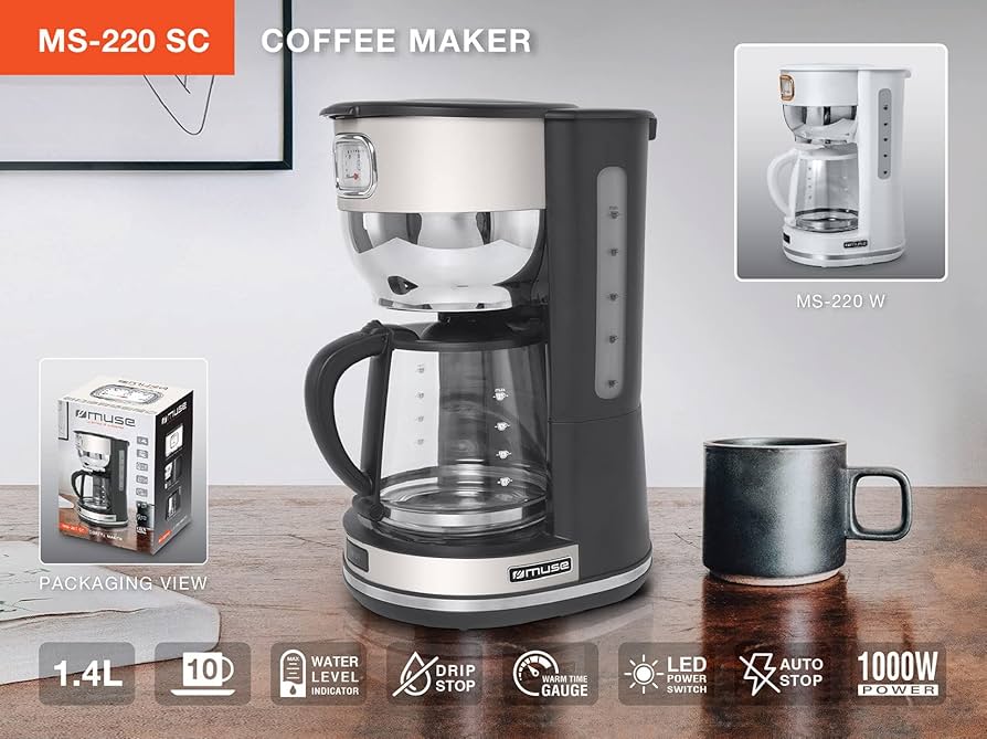 Muse Macchina da caffè MS-220 W | con brocca in vetro, display analogico per mantenere il caldo, capacità 10 tazze, colore bianco opaco Muse Macchina da caffè MS-220 W | con brocca in vetro, display analogico per mantenere il caldo, capacità 10 tazze, colore bianco opaco
