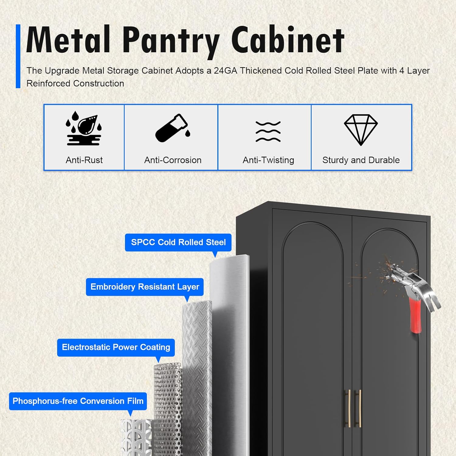 Polup Pantry Cabinet, 75 Inch Tall Kitchen Storage Cabinet, Metal Pantry Cabinets with Doors and Adjustable Shelves, Black Freestanding Food Cupboard for Living, Dinning Room-Assembly Required