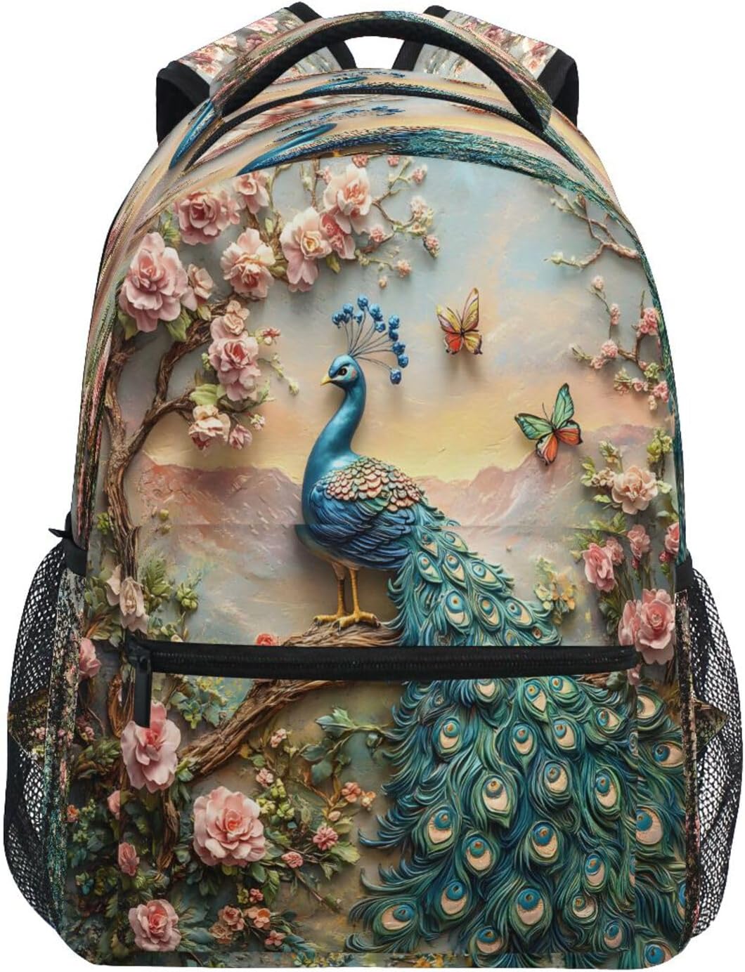 Peacock Butterfly Peony Backpack for School Boys Girls Adults Kids Bookbag Laptop Bag 18L