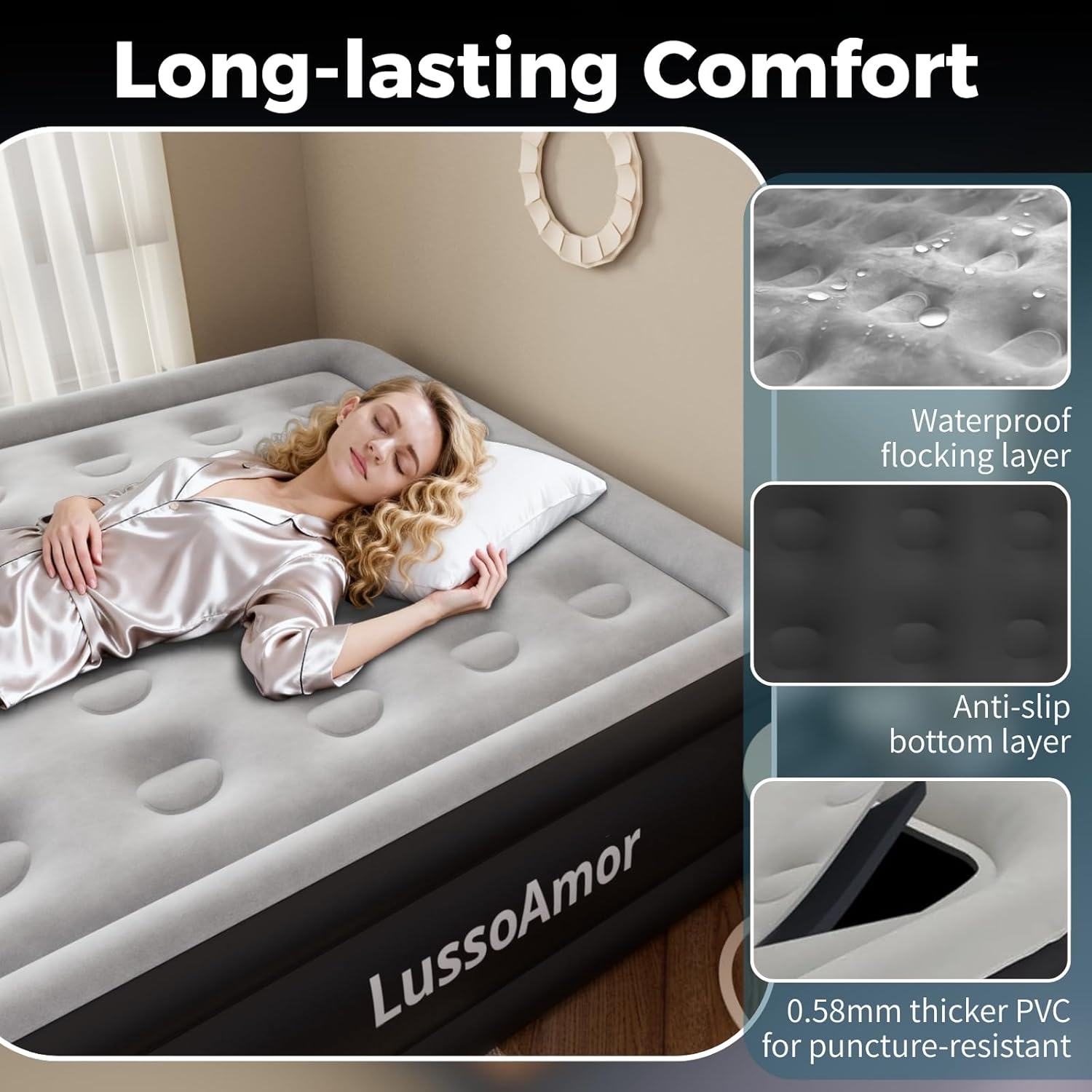 Full Size Air Mattress - 4000mAh Built-in Rechargeable Pump, 18 Inch Foldable Blow Up Air Bed for Camping Travel, 3-Minute Quick Inflation/Deflation, Colchon Inflable Mattress, Grey
