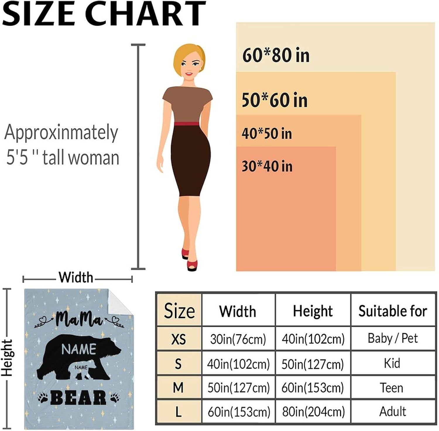 Personalized Bear Blanket with Name - Soft, Plush & Warm - 60x50 Inches Throw Size Blanket for Office, Chair - Blue Cute Throw Blanket Gifts for Kids, Adults