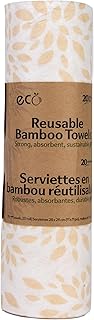 Reusable Bamboo Paper Towel Roll, 25 Feet, 20 Sheets, Machine Washable, White with Beige Leaf Pattern