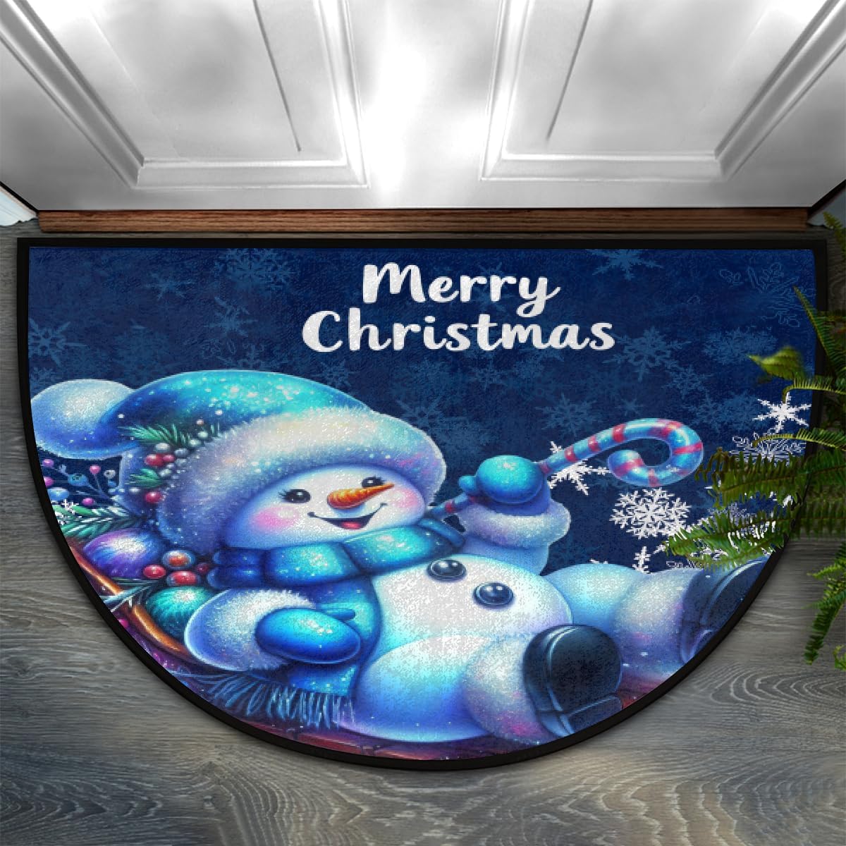 Christmas Half Round Doormat Non-Slip Christmas Semi Circle Rug Washable Absorbent Half Moon Mat for Indoor Outdoor Entrance Kitchen Bathroom Sink Welcome Fireplace Floor Rug Christmas Snowman Decor