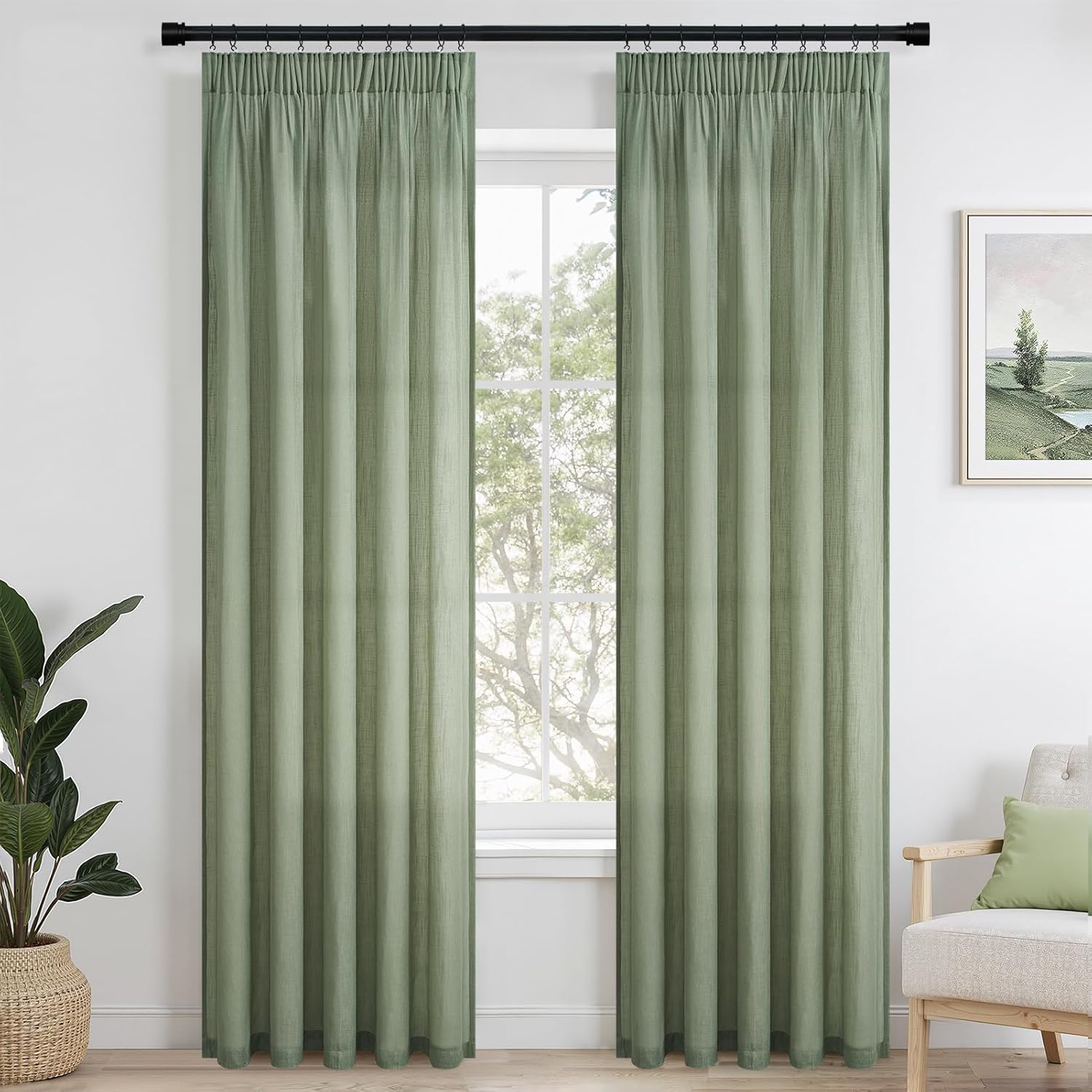 Topfinel Tende In Lino Verde Salvia 140 x 240 cm(LxA), Tende Decorative Per Soggiorno, Con Volant, Voile Semitrasparente Per Sistema a Binario, Set Da 2