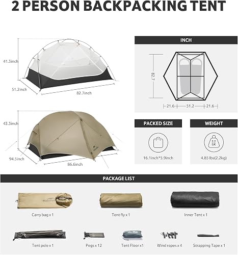 Naturehike Mongar Tent Camping Tent 2 Man Tent Waterproof Ultralight Trekking Tent Hiking Tent Double Layer for Hiking Climbing Outdoor Activities (15D Nylon/Lunar Sand) - 2