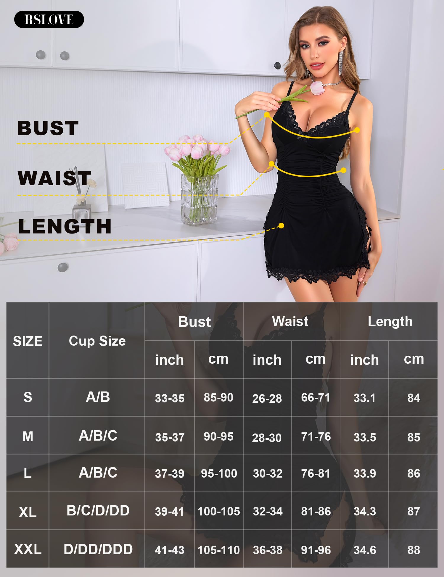 RSLOVE Nuisette Femme Sexy Dentelle - Robe de Nuit Lingerie Babydoll avec G-String