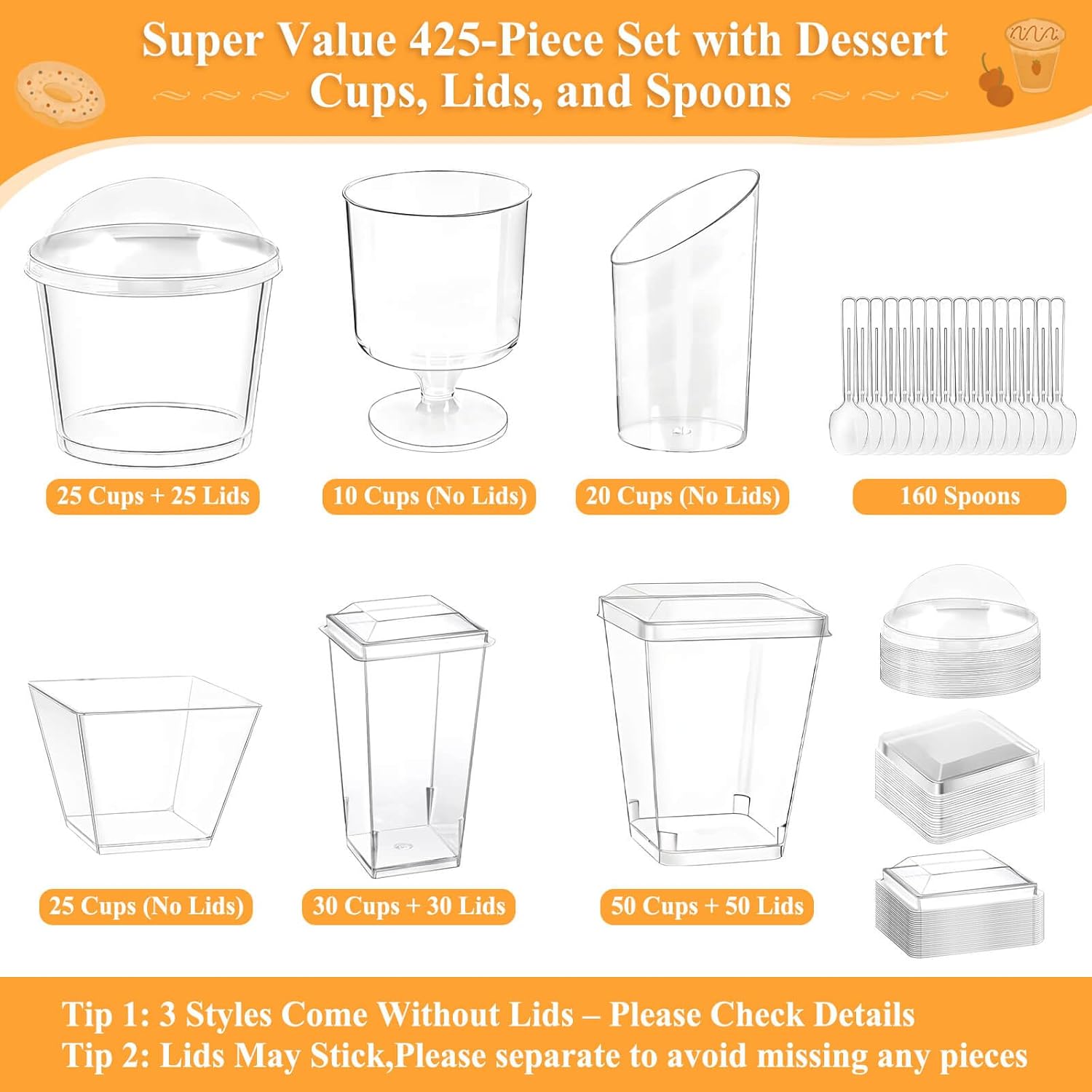 425 Pack Plastic Dessert Cups with Lids and Spoons, 3 oz and 5 oz Mini Dessert Cups with Spoons, Clear Yogurt Cups with Lids, Small Appetizer Cups for Fruit Party Pudding Shooter