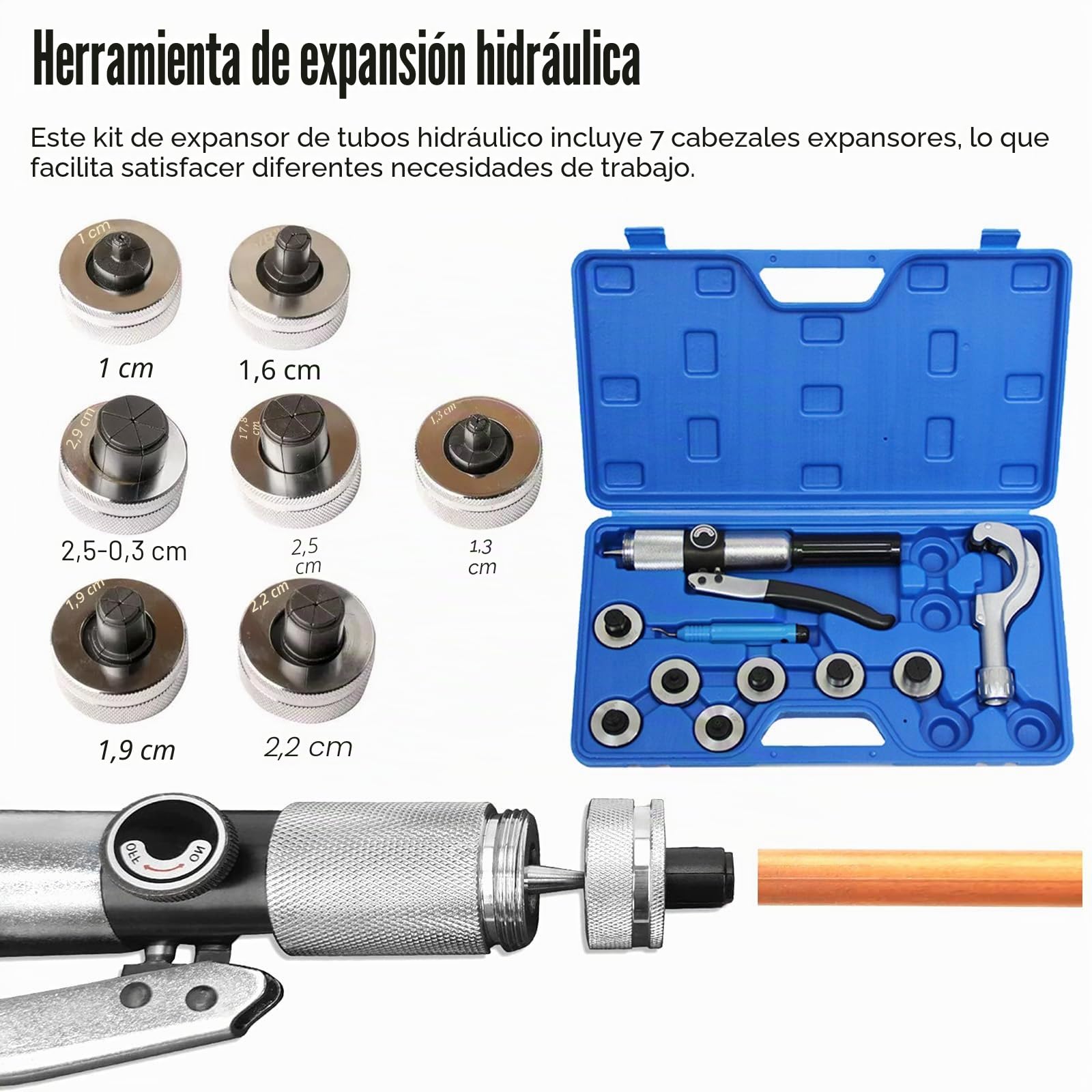 Expansor Tubos Hidráulicos, Kit Herramientas Estampación Tubos HidráUlicos Con Herramienta Desbarbado Cortador Tubos Y 7 Expansores Tubos Cobre 3/8 A 1-1/8'' Herramientas Expansoras Hvac (3/8"~1-1/8")
