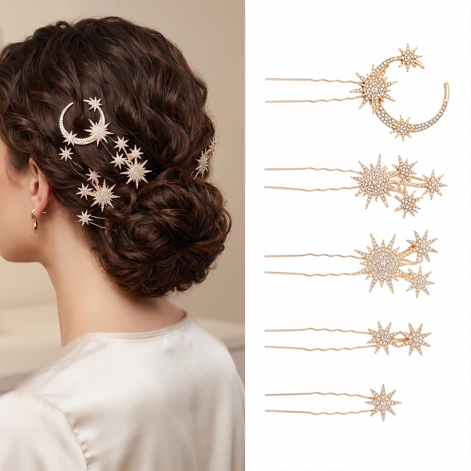 Andibro 5 Pcs Moon Hair Accessories, Gold Celestial Rhinestone Hair Pins