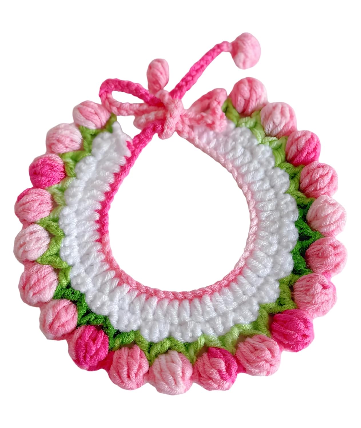 Pink Tulips Knitted Cat Bandana Collar, Handmade Kitten Collar for Holiday Parties, Festive Pet Accessory for Cats.