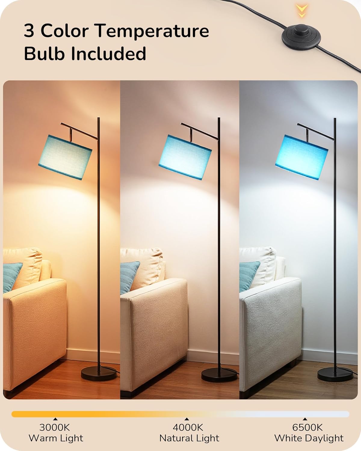 EDISHINE Modern Floor Lamps for Living Room, 64.7" Minimalist Standing Lamp with 3 Color Temperatures Bulb & Adjustable Linen Shade, Foot Pedal Switch, Arc Tall Lamp for Office Bedroom, Blue Shade