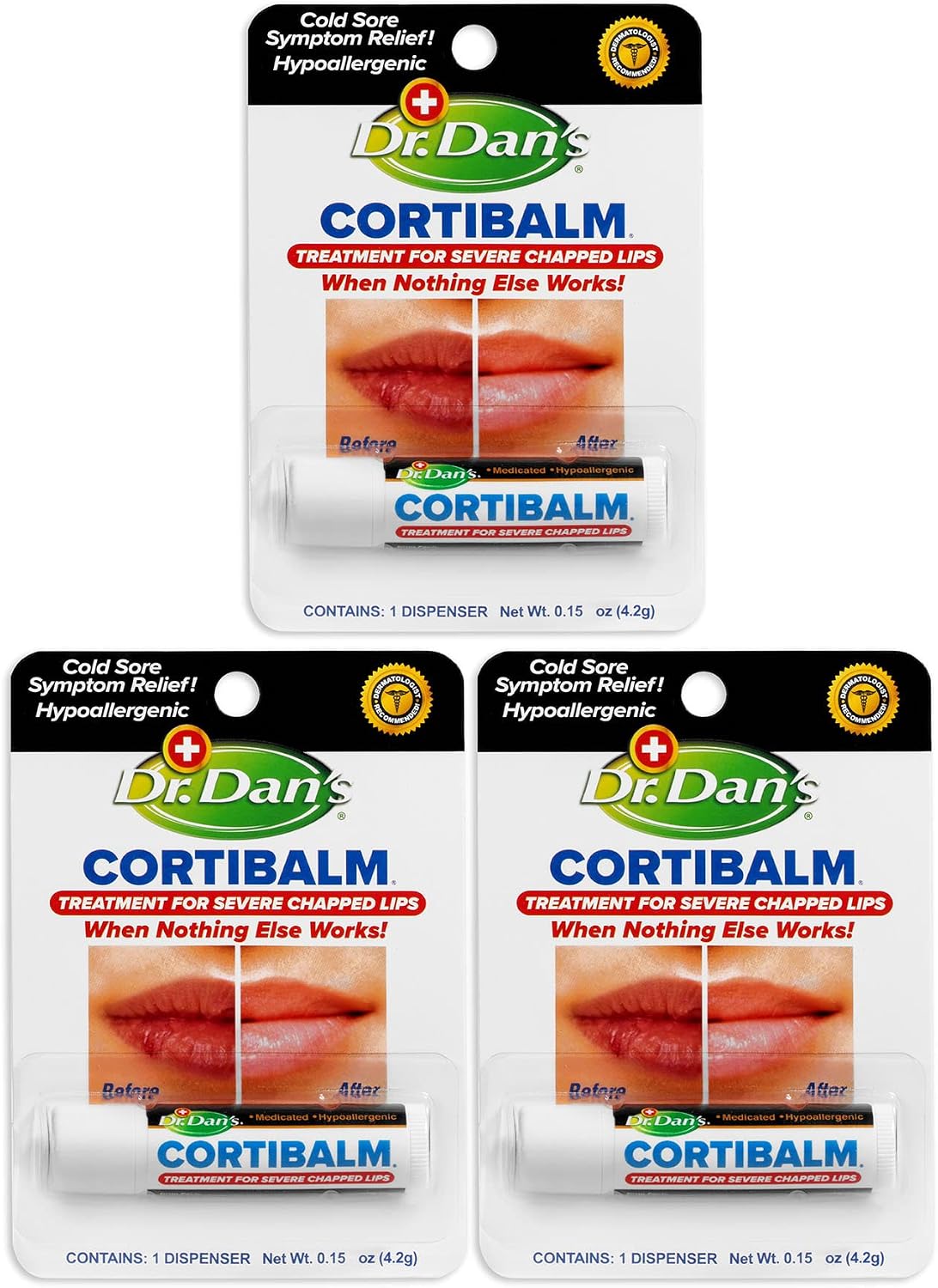 Dr. Dan's Cortibalm- 3 Pack- for Dry Cracked Lips - Healing Lip Balm for Severely Chapped Lips - Designed for Men, Women and Children