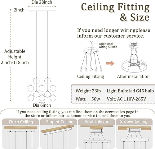 Miniatura 73 de Escalera LED de 10 luces LED moderna con globo de cristal, lámpara colgante grande para techos altos, accesorios de iluminación de entrada, villas y
