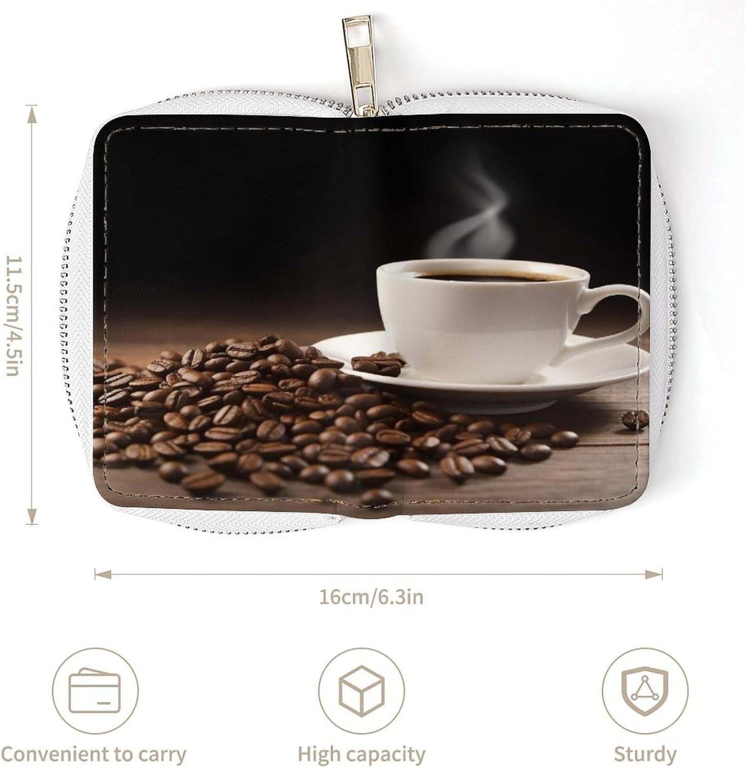 Leather Card Organizer Case Card Wallet Credit Card Holder Coffee Cup And Coffee Beans Printed Zipper Card Cases Holder for Women Men