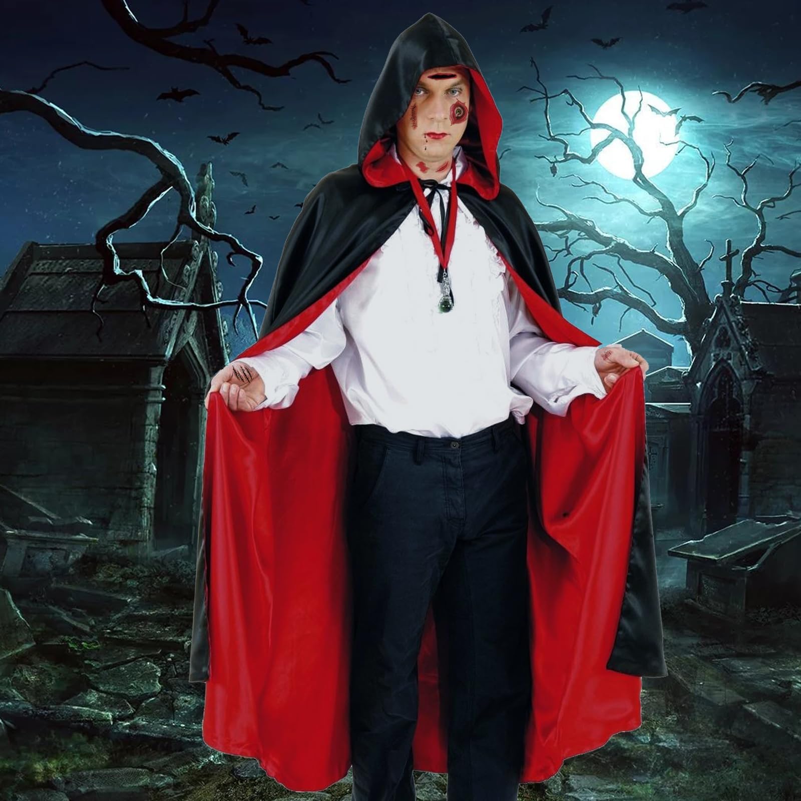 Mantello Da Vampiro Halloween | Reversibile Nero/Rosso | Con Cappuccio | Per Bambini E Adulti