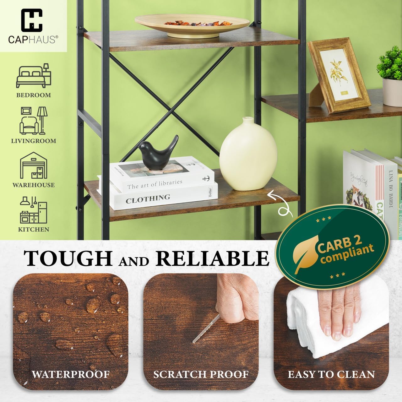 CAPHAUS Triple Column 4 Tier Bookshelf, Industrial Triple Bookcase with 11 Open Display Shelves, Adjustable Wide Shelf for Living Room, Bedroom, Home and Office, Dark Grey