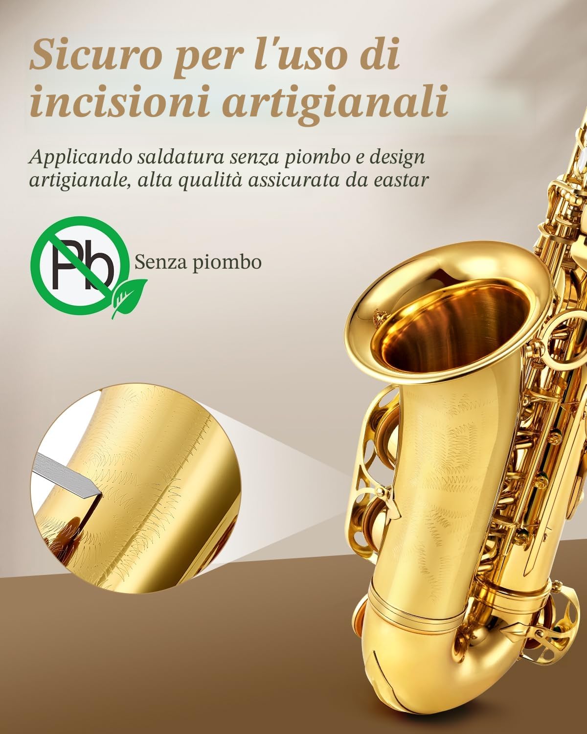 Eastar AS-Ⅱ Sassofono contralto per studenti E Flat Gold Lacquer Sax contralto per principianti Kit completo con custodia per sax da trasporto Cinghie per bocchino Supporto per ance