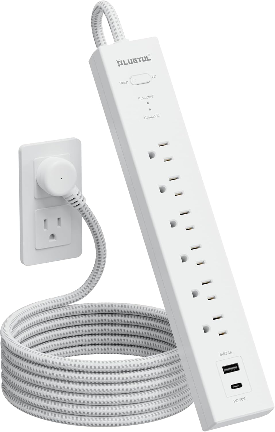 Asaoo – Cable De Extensión Con Protector De Sobretensiones De 20 Pies Con USB C Negro, Regleta