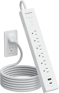 PLUGTUL Surge Protector Power Strip with USB Ports - 6FT Extension Cord with Multiple Outlets, Flat Plug, Wall Mount, USB A+ C, 980 J, Overload Surge Protection for Home Office White, CETL Listed