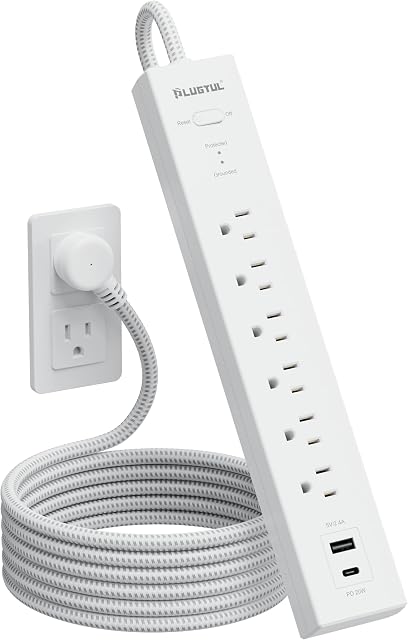 PLUGTUL Surge Protector Power Strip with USB Ports - 6FT Extension Cord with Multiple Outlets, Flat Plug, Wall Mount, USB A+ C, 980 J, Overload Surge Protection for Home Office White, CETL Listed