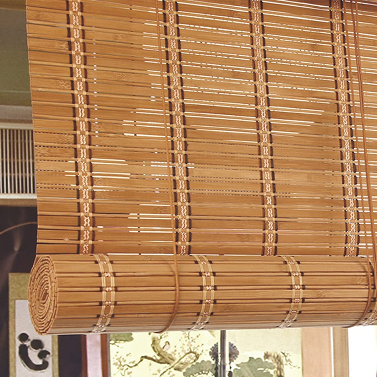 Bambus-Rollo Rollläden,Lichtdurchlässig Sichtschutz Bambusrollo,Fenster Rollo Ohne Bohren,Bambus Raffrollo Holzrollo, Garten-Sonnenschutz Jalousien,Decken- oder Wandmontage (W130xH100cm/51x39in)