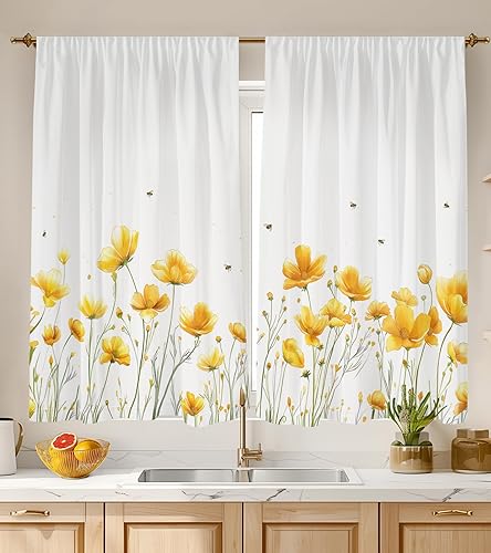 Miniatura 22 de Cortinas de Cocina (2 Piezas) Sobre el Fregadero para Ventana de Baño Café Sótano Cortinas para Cocina Granja Cortina Corta Mini Flor Abeja Verano