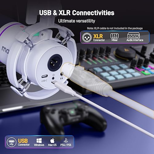 Miniatura 3 de MAONO Kit de micrófono dinámico XLRUSB, micrófono de podcast RGB con software, silencio, perilla de ganancia, control de volumen, brazo de brazo