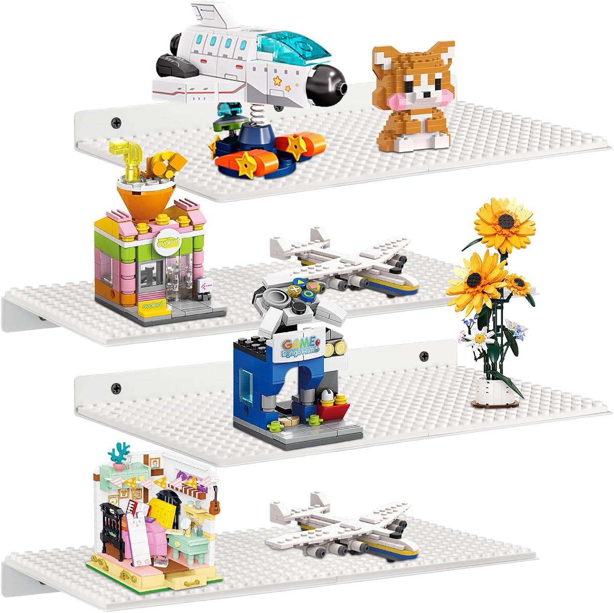 4 Pack Display Shelves for Building Bricks, Display Case Compatible with Brick Building Baseplate, Metal Floating Magnetic Display Cabinet Wall Mounted, Works with Major Building Blocks (4-White)