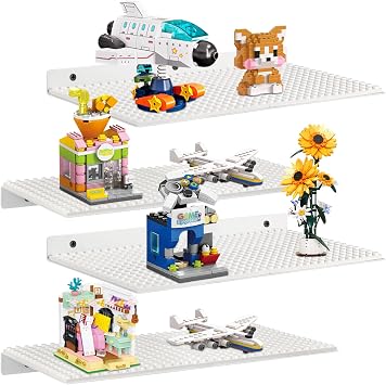 4 Pack Display Shelves for Building Bricks, Display Case Compatible with Brick Building Baseplate, Metal Floating Magnetic Display Cabinet Wall Mounted, Works with Major Building Blocks 4-White