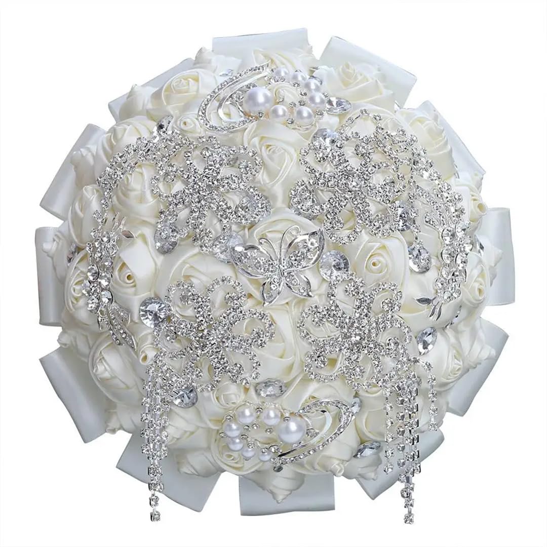 HJRegaFimu Rhinestones Holding Flowers Wedding Bridal Bouquets Ivory Ribbon Brooch Bouquet Diamond Diameter 15cm