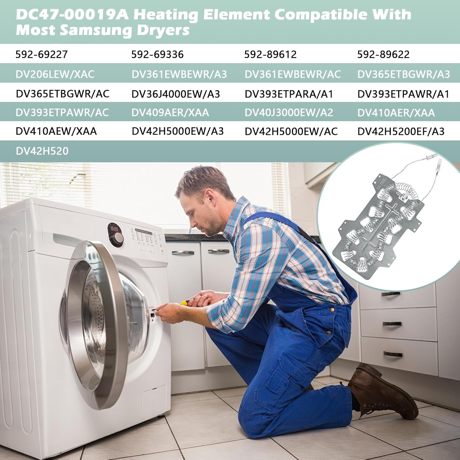 Compatible Dryer Heating Element for Samsung DV365ETBGWR/A3-0001 Samsung DV45H7000EW/A2-0000 Samsung DV422EWHDWR/AA-0000 Samsung DV48H7400EW/A2-0000 Dryers