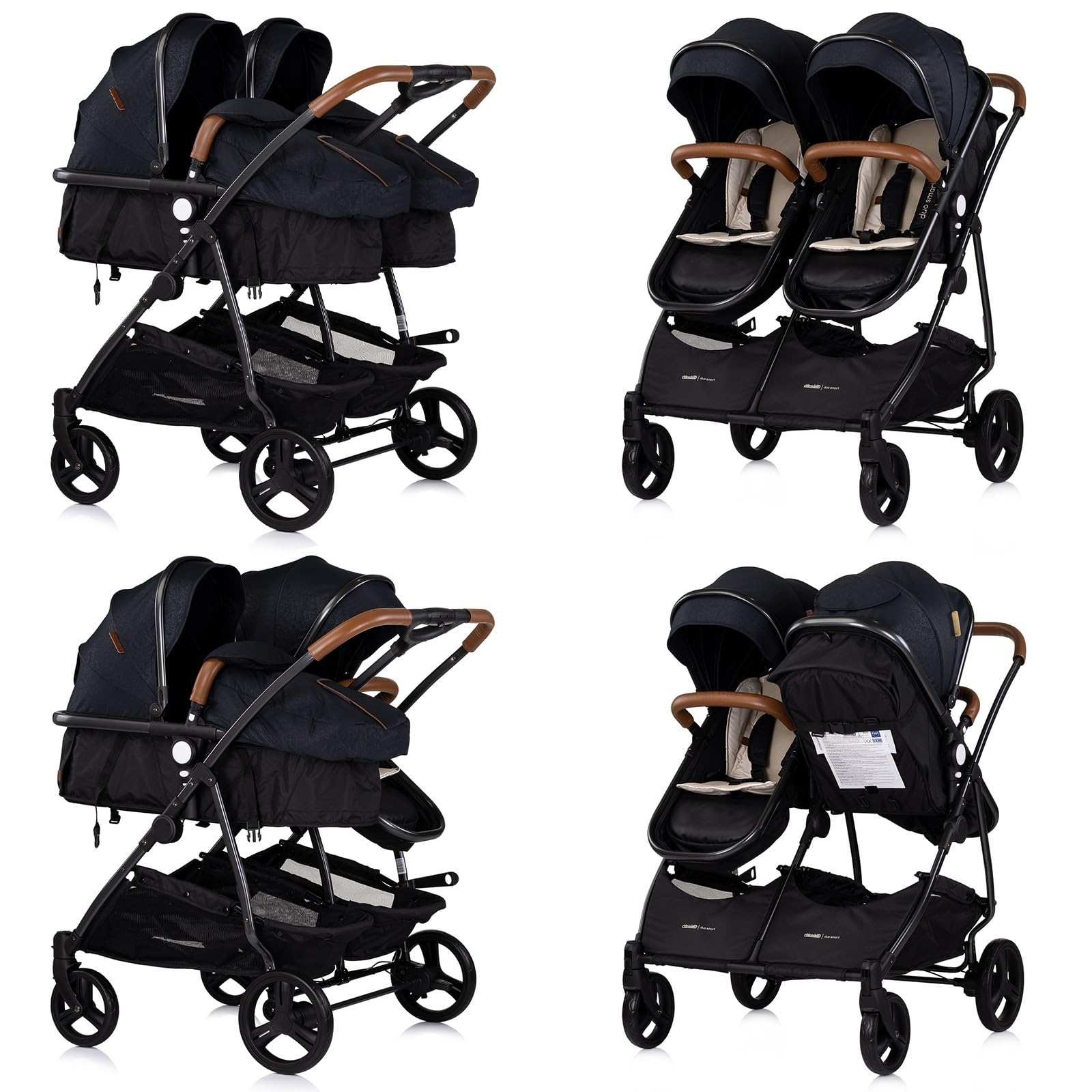 DUO SMART - Cochecito gemelos o niños juntos, ancho 79 cm, color negro sin acogedor