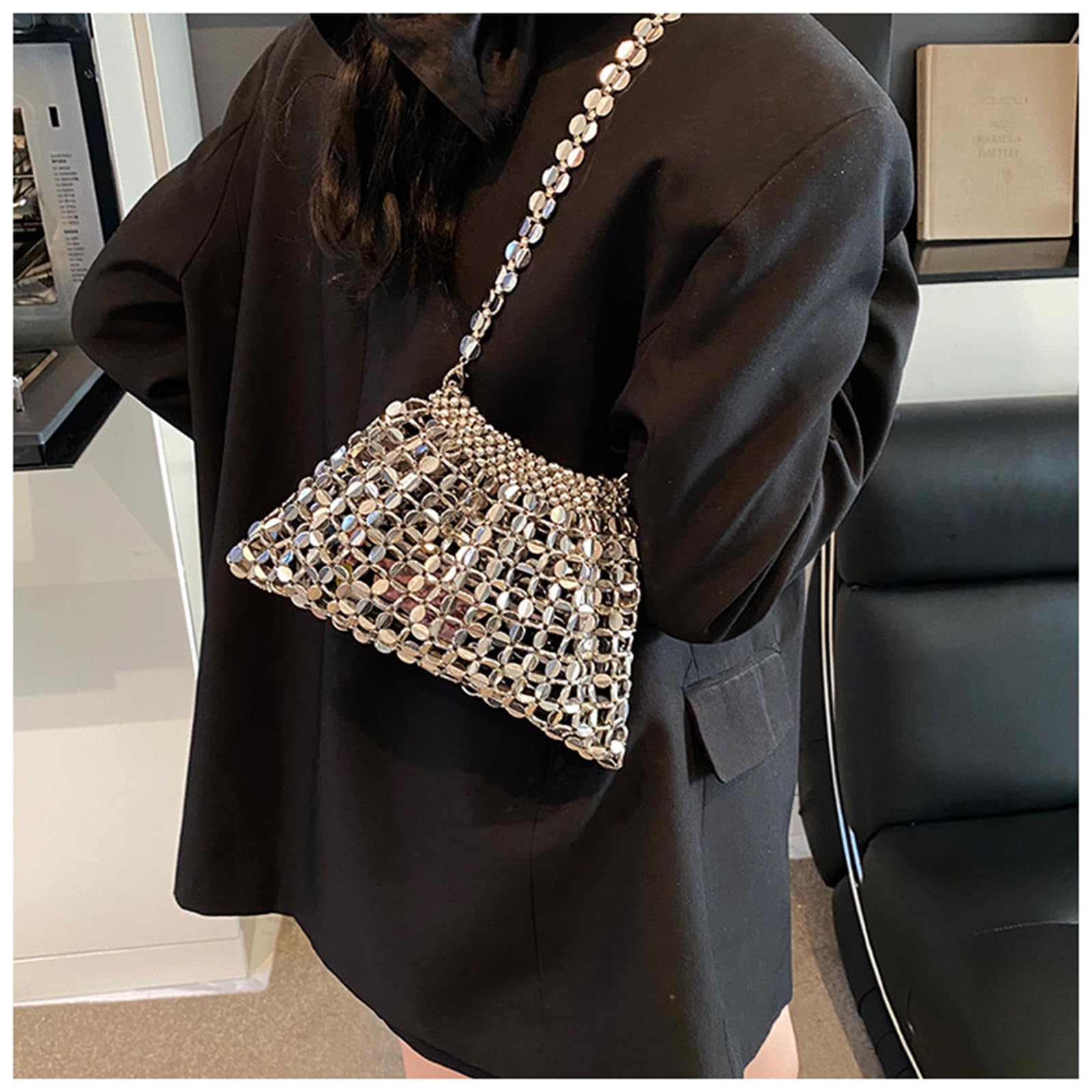 Borsa Semplice Sottobraccio da Donna con Catena di Perline Intrecciate-Grande Argento