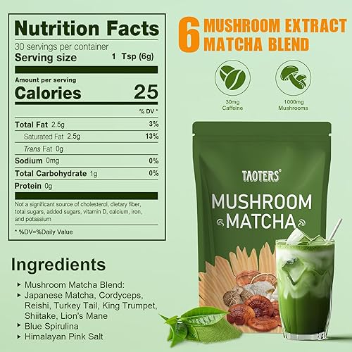 Miniatura 2 de Matcha de hongos con 6 hongos adaptogénicos y matcha de grado ceremonial, aceite MCT, leche de coco en polvo para una mejor energía, enfoque,