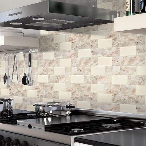 Miniatura 8 de STICKGOO Azulejos de metro de 10 hojas para despegar y pegar, aspecto de mármol marrón para pegar en azulejos de cocina (diseño más grueso)