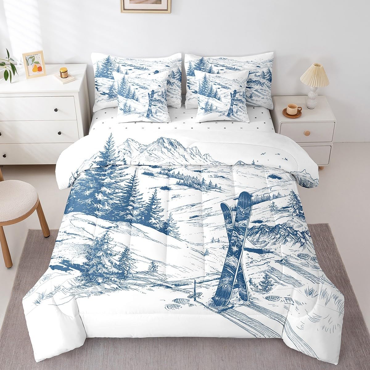 7 Piece Ski Sports Bed in a Bag Queen Size for Boys Kids Teens Men Winter Sports Ski Theme Sheet Set Snow Mountain Landscape Bedding Set with Comforter Skiing Sports Cushion Covers for Adult Men