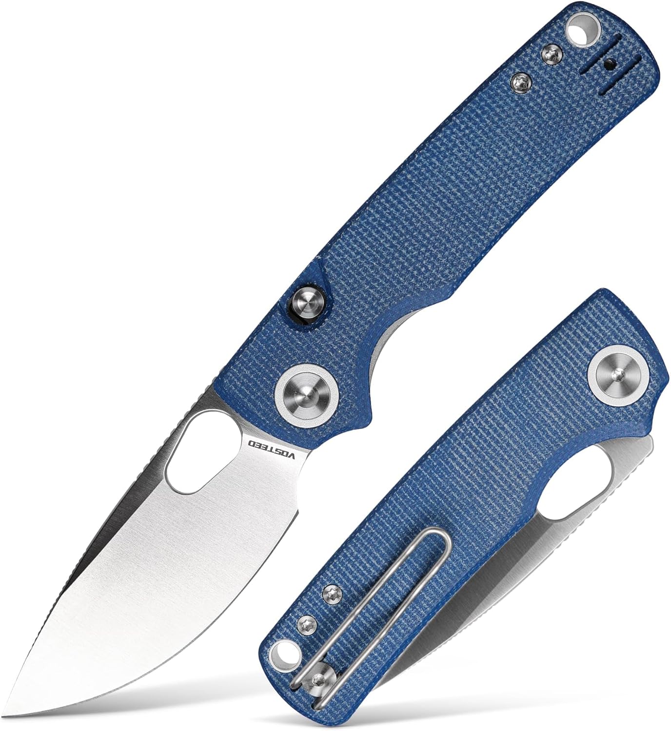 Vosteed Porcupine EDC Pocket Knife, Light-weight Folding knife – 2.99″ 14C28N Metal Blade, Thumb gap, Blue Micarta Deal with High Liner Lock Knives for Tenting Survival – A2605